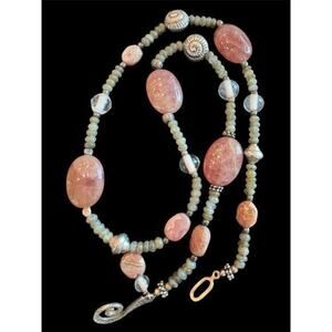 24” Sterling Silver Stone Bead Necklace Boho Pink Green Quartz Jasper 925